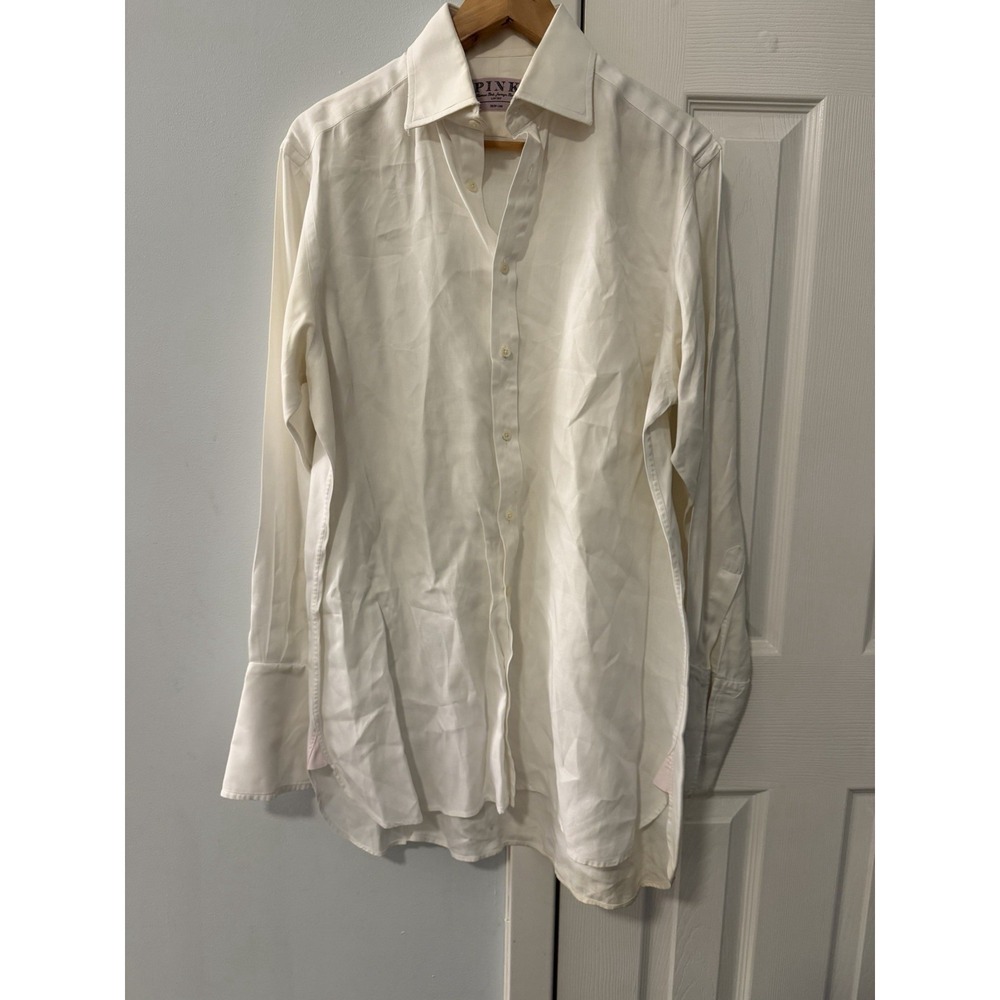 Thomas Pink Long Sleeve Button Up Shirt Sz M White Edwardian 15.5 Neck 33 Sleeve